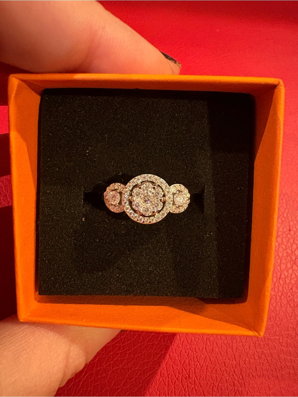 Sparkling 925 Silver Moissanite Halo Ring with Triple Cluster Accents